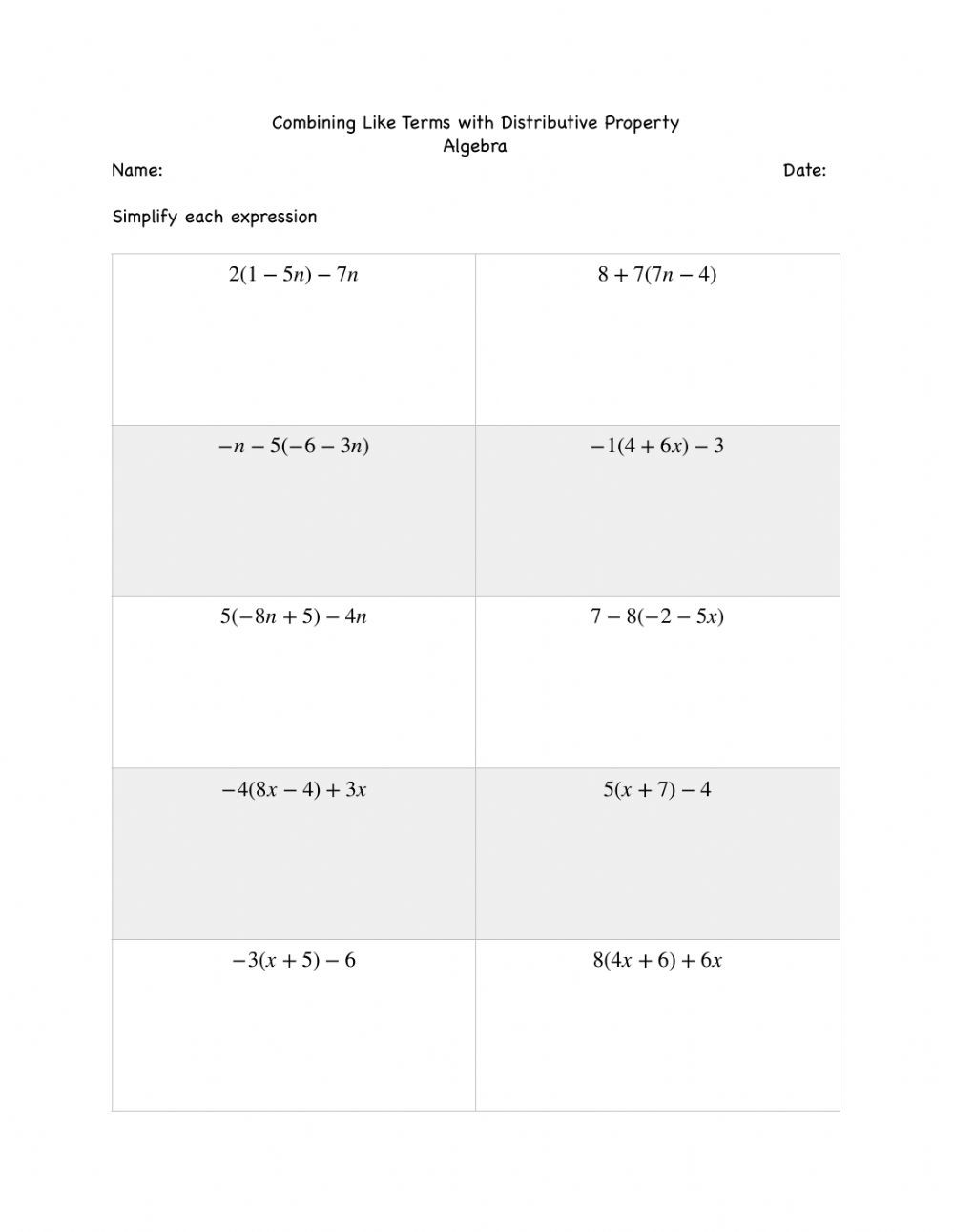 Combining Like Terms Worksheet Pdf Bining Like Terms with Distributive Property Practice