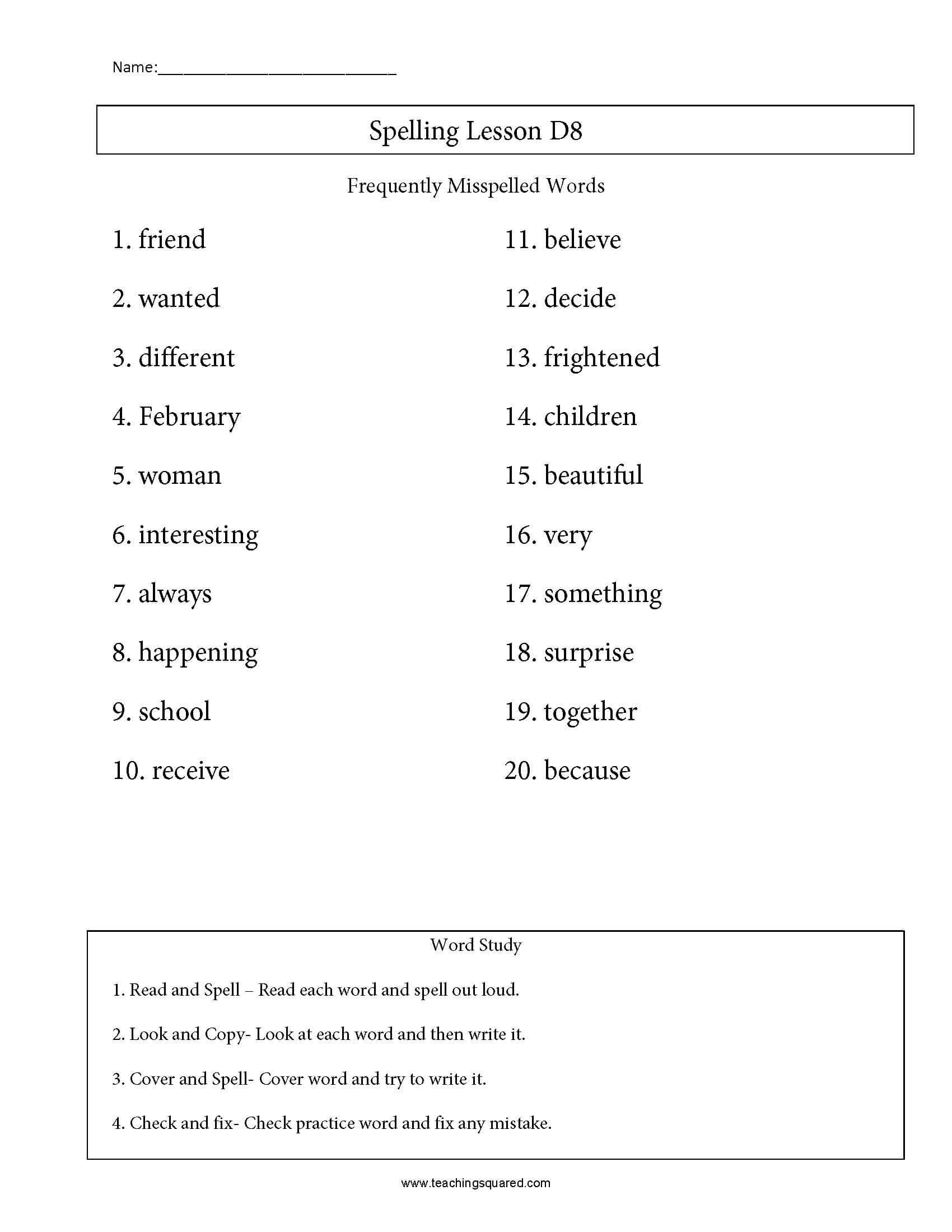 Commonly Misspelled Words Worksheet Spelling List D8 Misspelled Words Teaching Squared