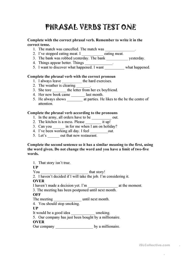 Composition Of Transformations Worksheet Phrasal Verbs Mini Test