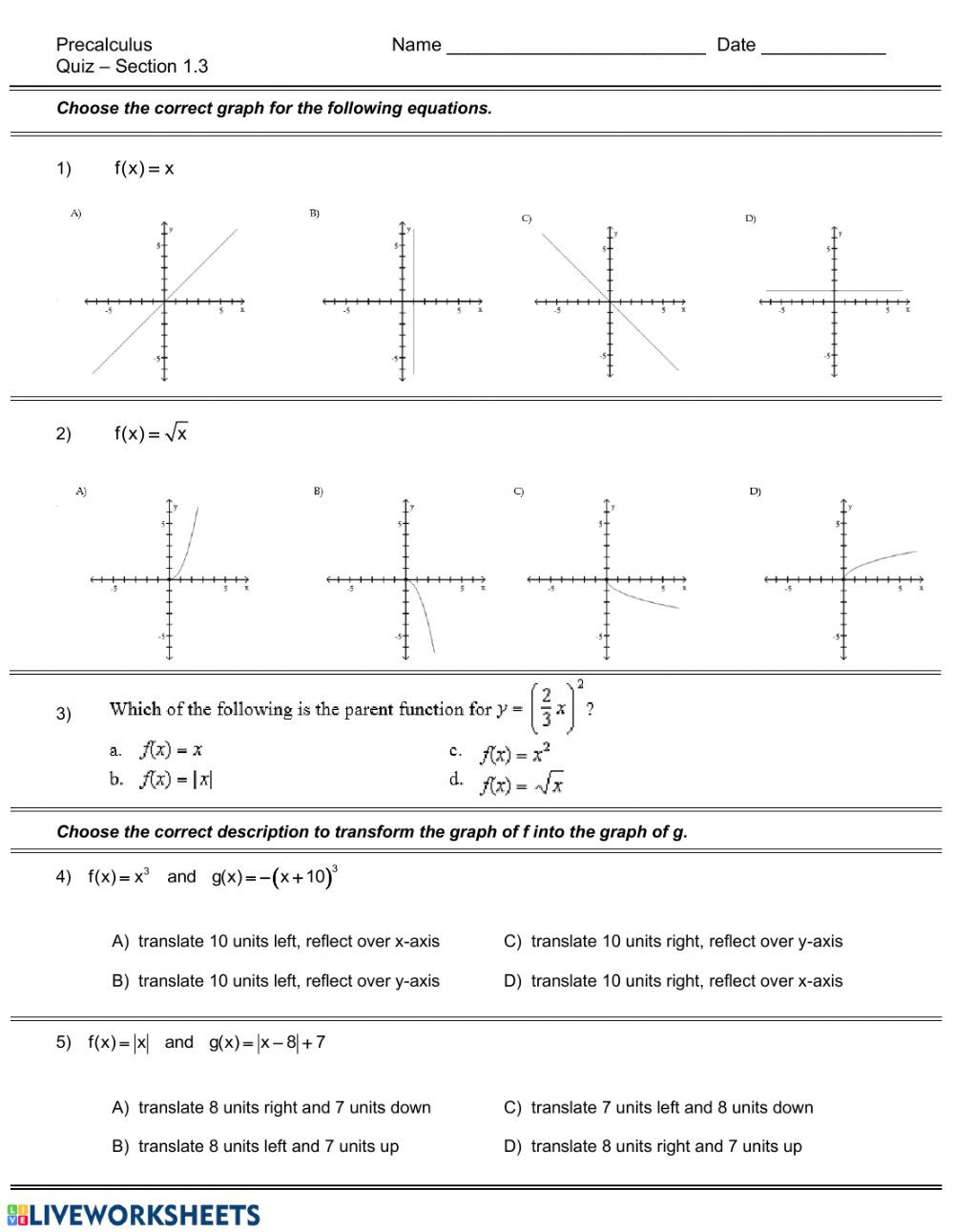 Composition Of Transformations Worksheet Quiz Transformations Of Parent Graphs Interactive Worksheet