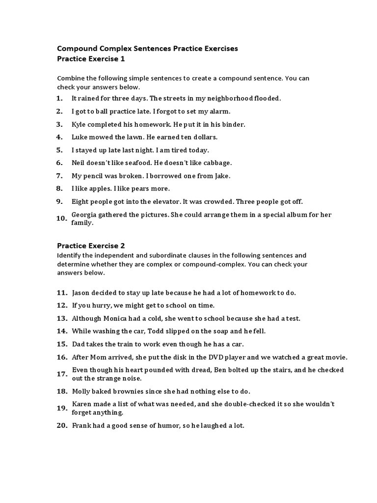 Compound and Complex Sentences Worksheet Pound Plex Sentences Practice Exercises