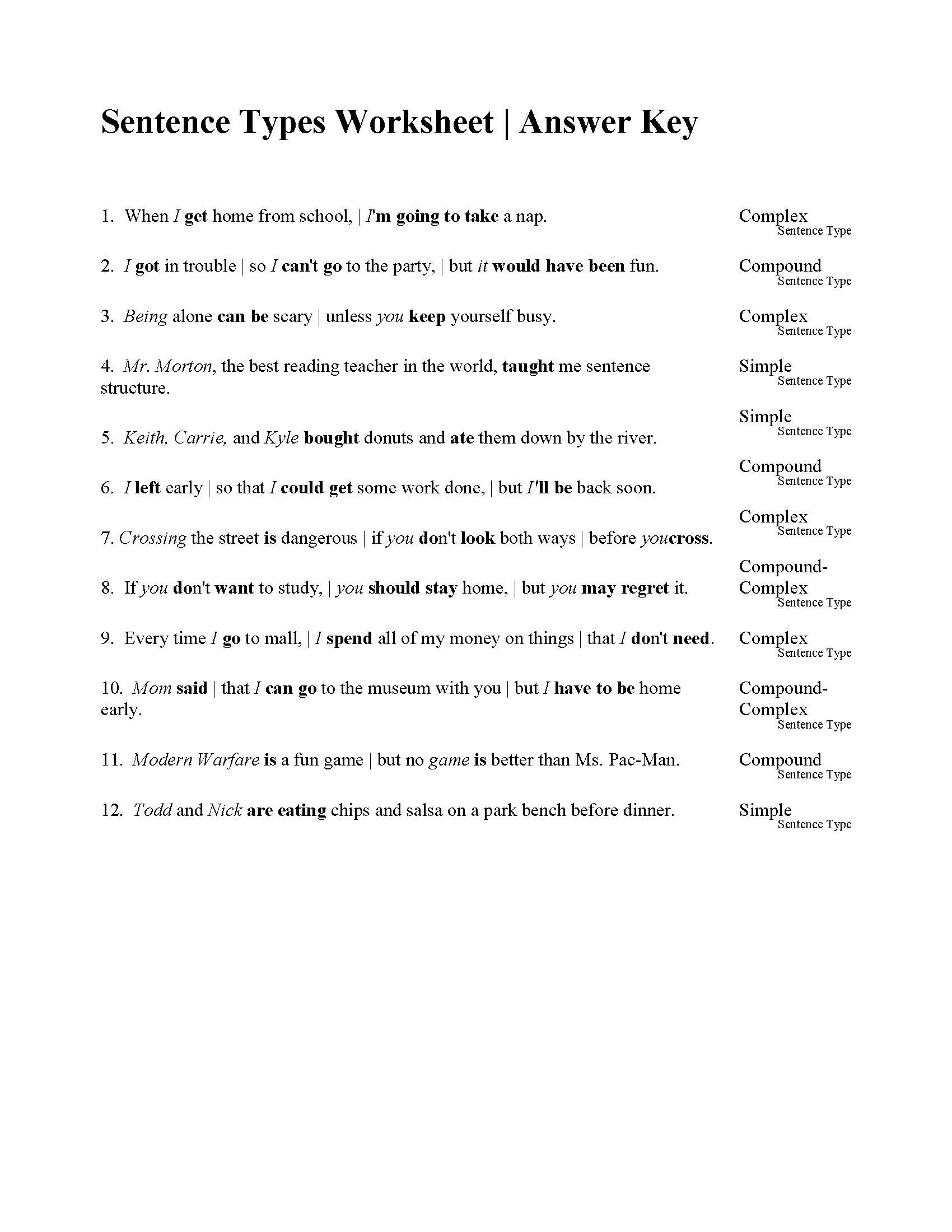 Compound and Complex Sentences Worksheet Sentences Types Worksheet