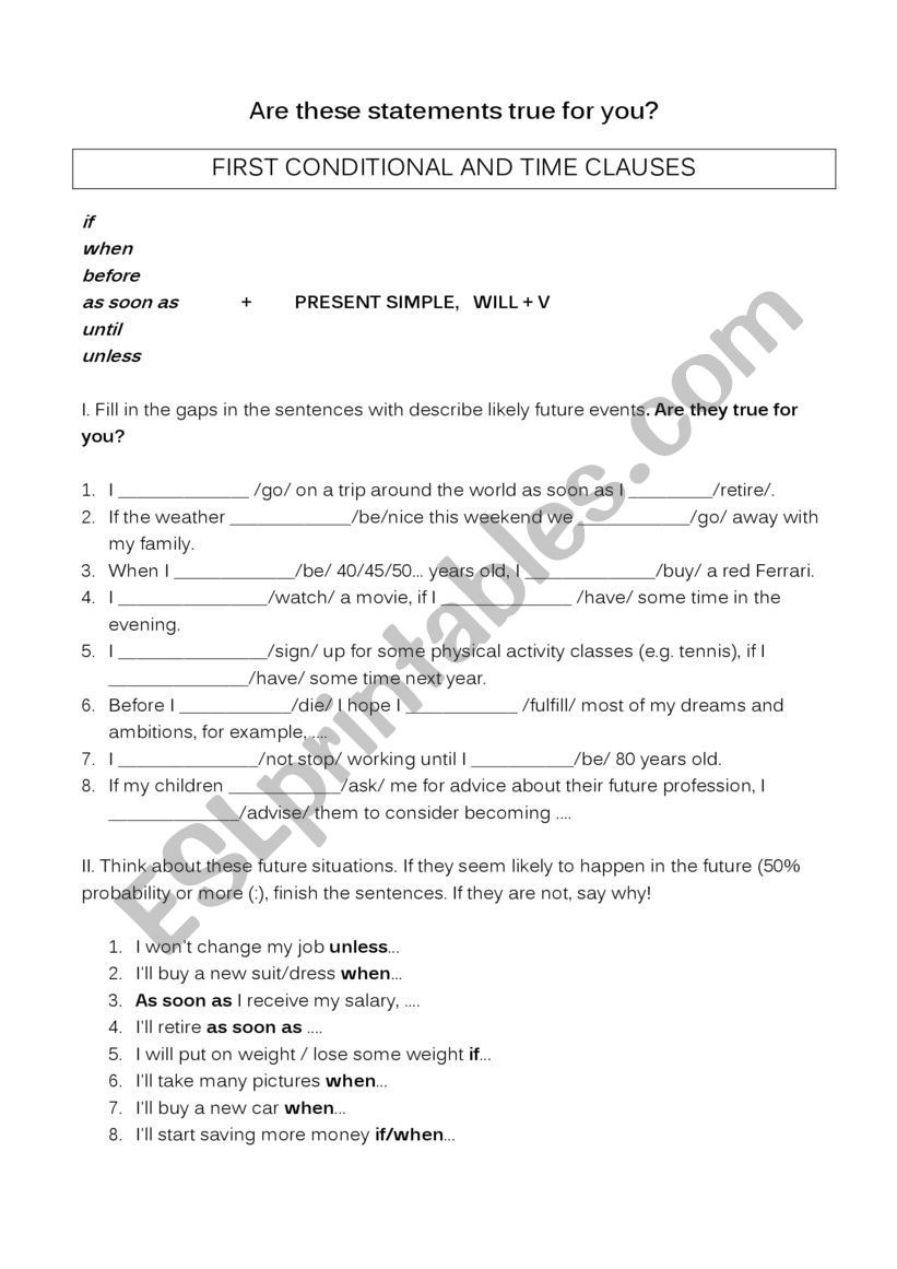 Conditional Statements Worksheet with Answers First Conditional and Time Clauses Written and oral