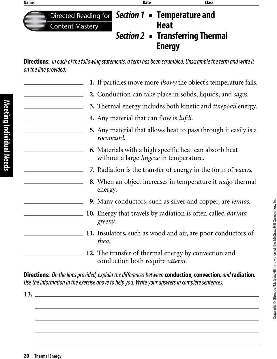 Conduction Convection Radiation Worksheet Energy Worksheet 2 Conduction Convection and Radiation