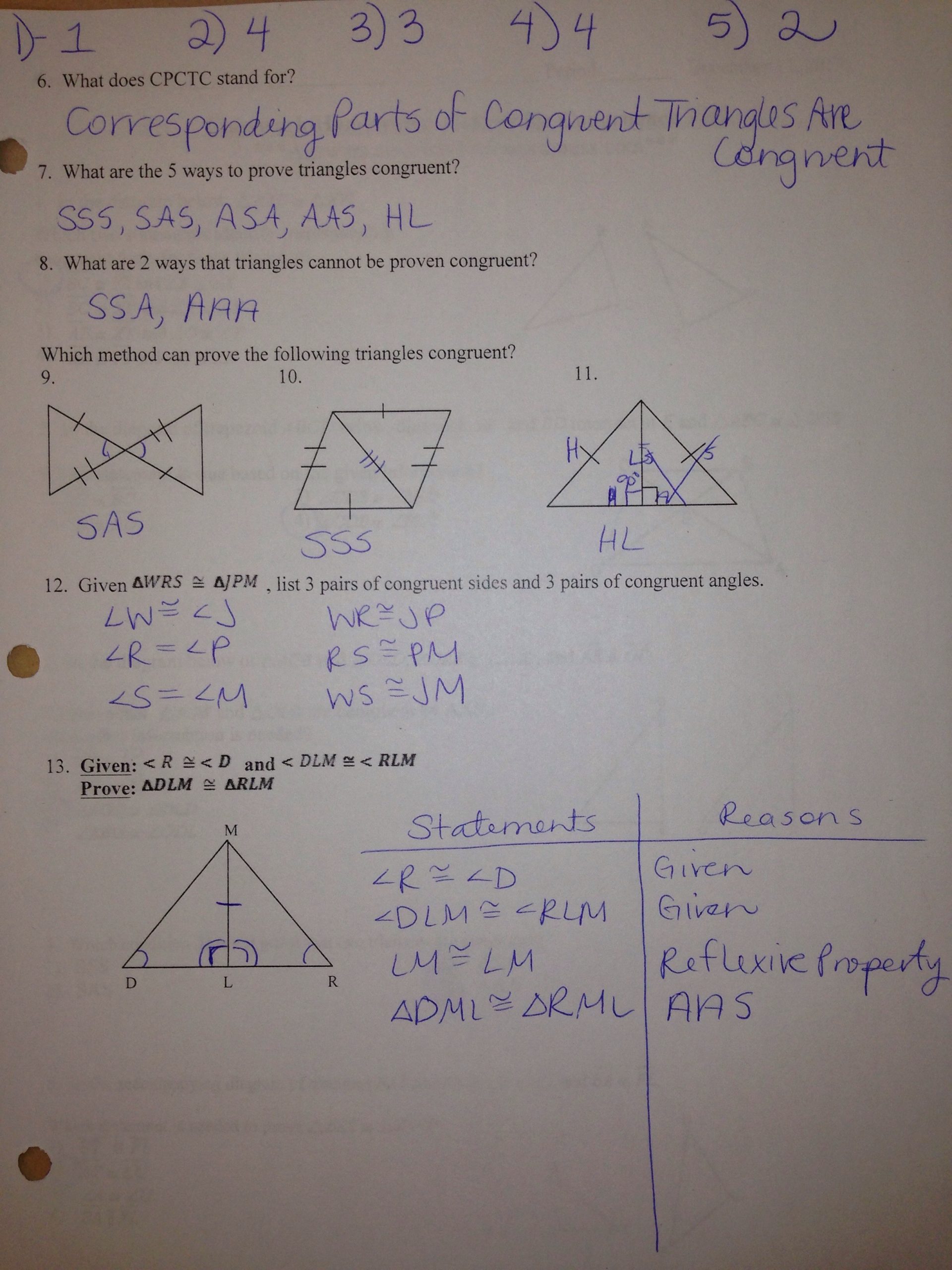 Congruent Triangles Worksheet Answer Key Triangle Congruence Test Review Key