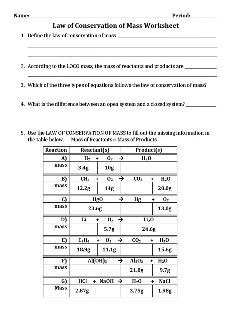Conservation Of Mass Worksheet Law Of Conservation Of Mass Wkst