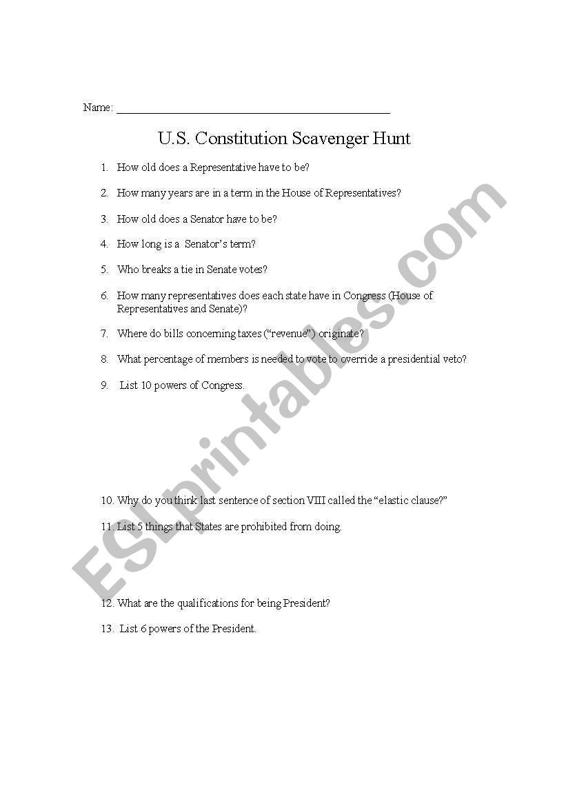 Constitution Scavenger Hunt Worksheet English Worksheets U S Constitution Scavenger Hunt
