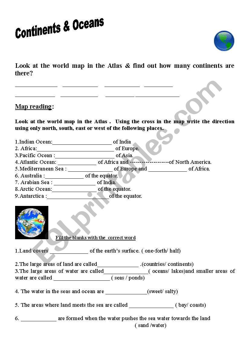 Continents and Oceans Worksheet Continents &amp; Oceans Esl Worksheet by Jhansi