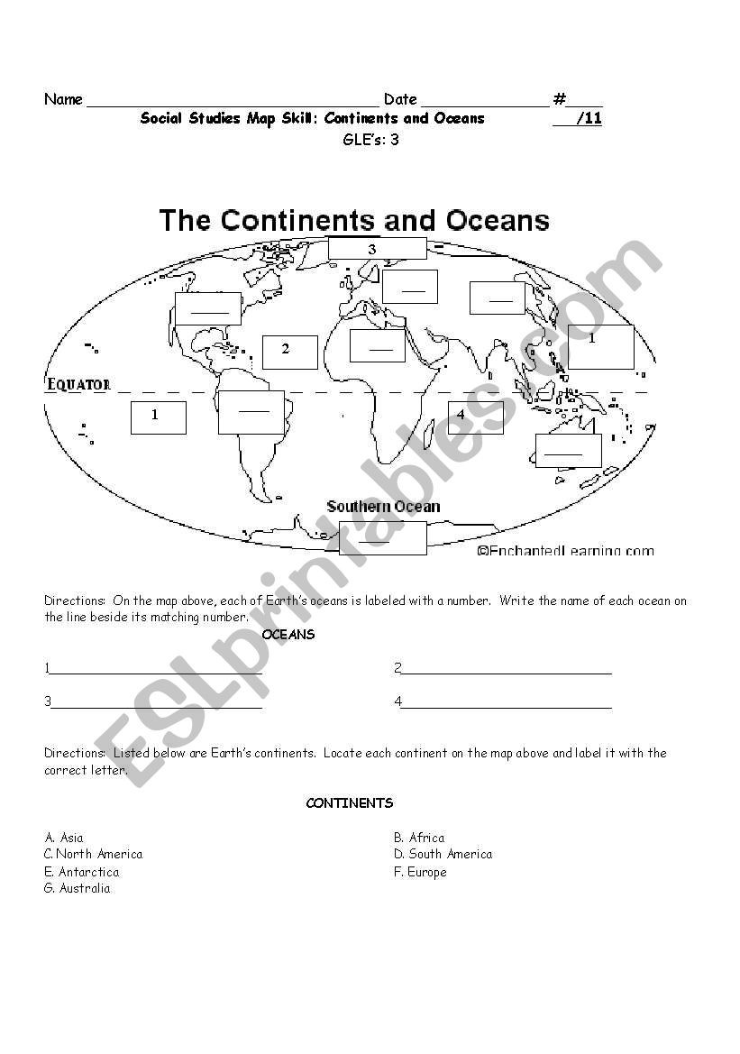 Continents and Oceans Worksheet Continents and Oceans Esl Worksheet by Jkusie