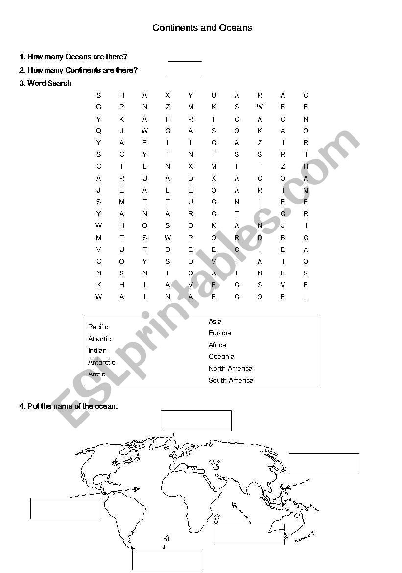 Continents and Oceans Worksheet Continents and Oceans Esl Worksheet by Mimlms