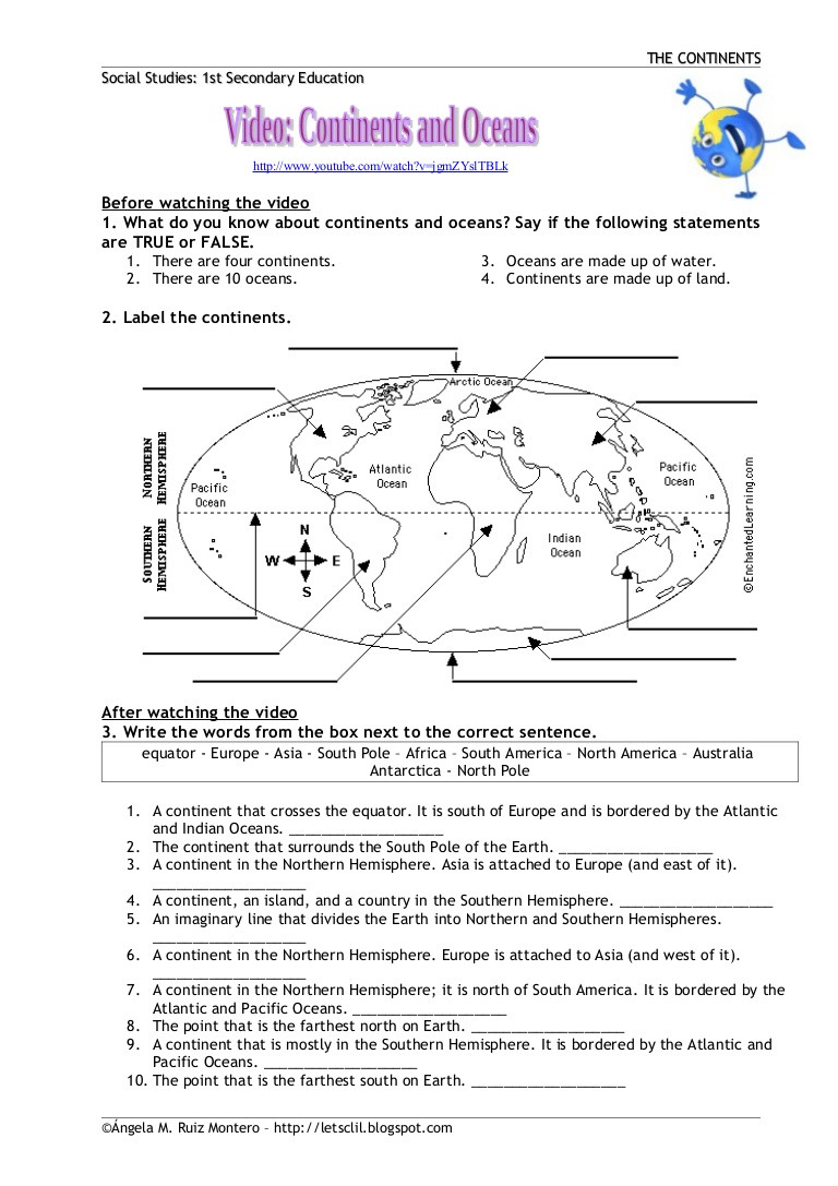 Continents and Oceans Worksheet Continents and Oceans