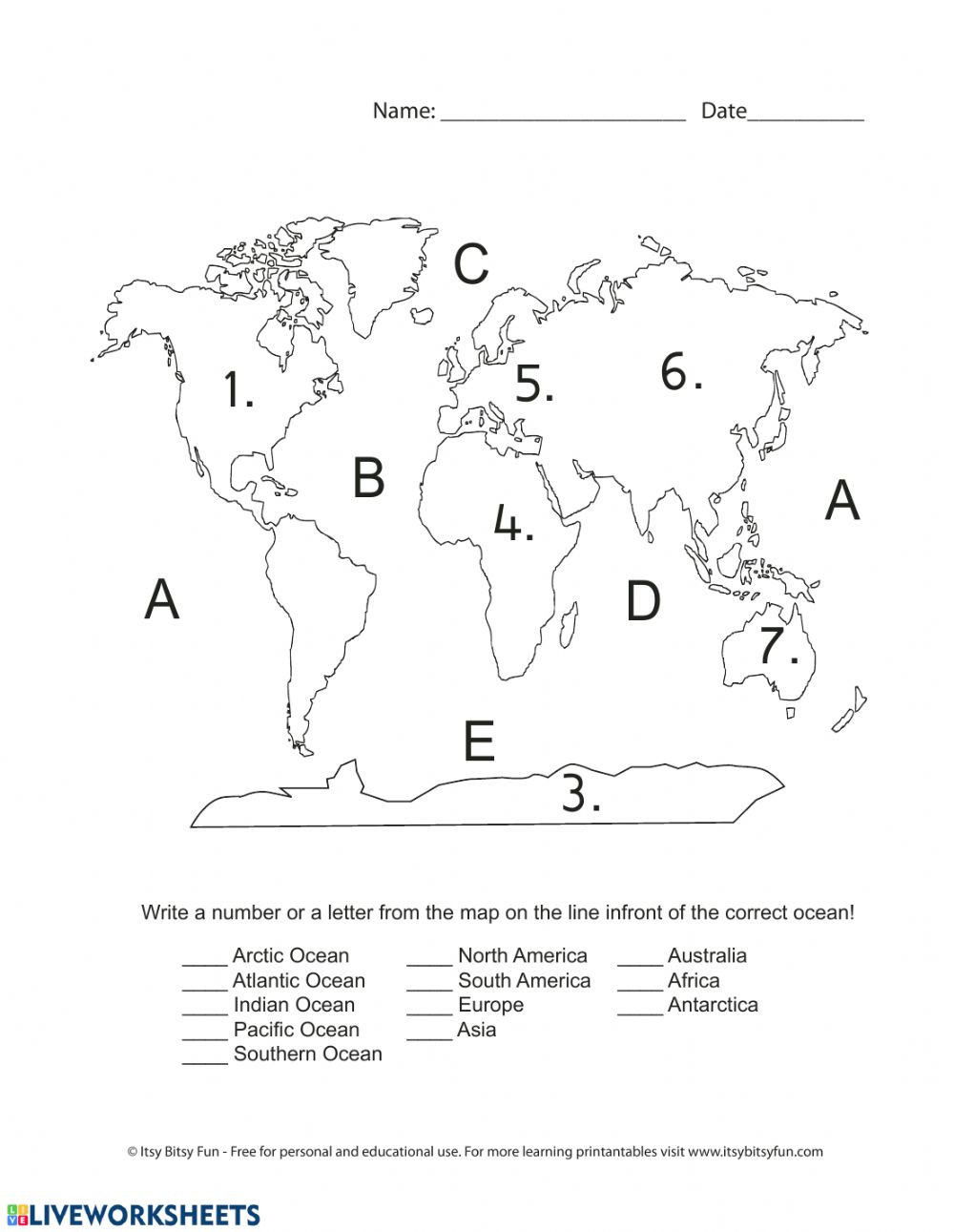 Continents and Oceans Worksheet Continents and Oceans Review Interactive Worksheet