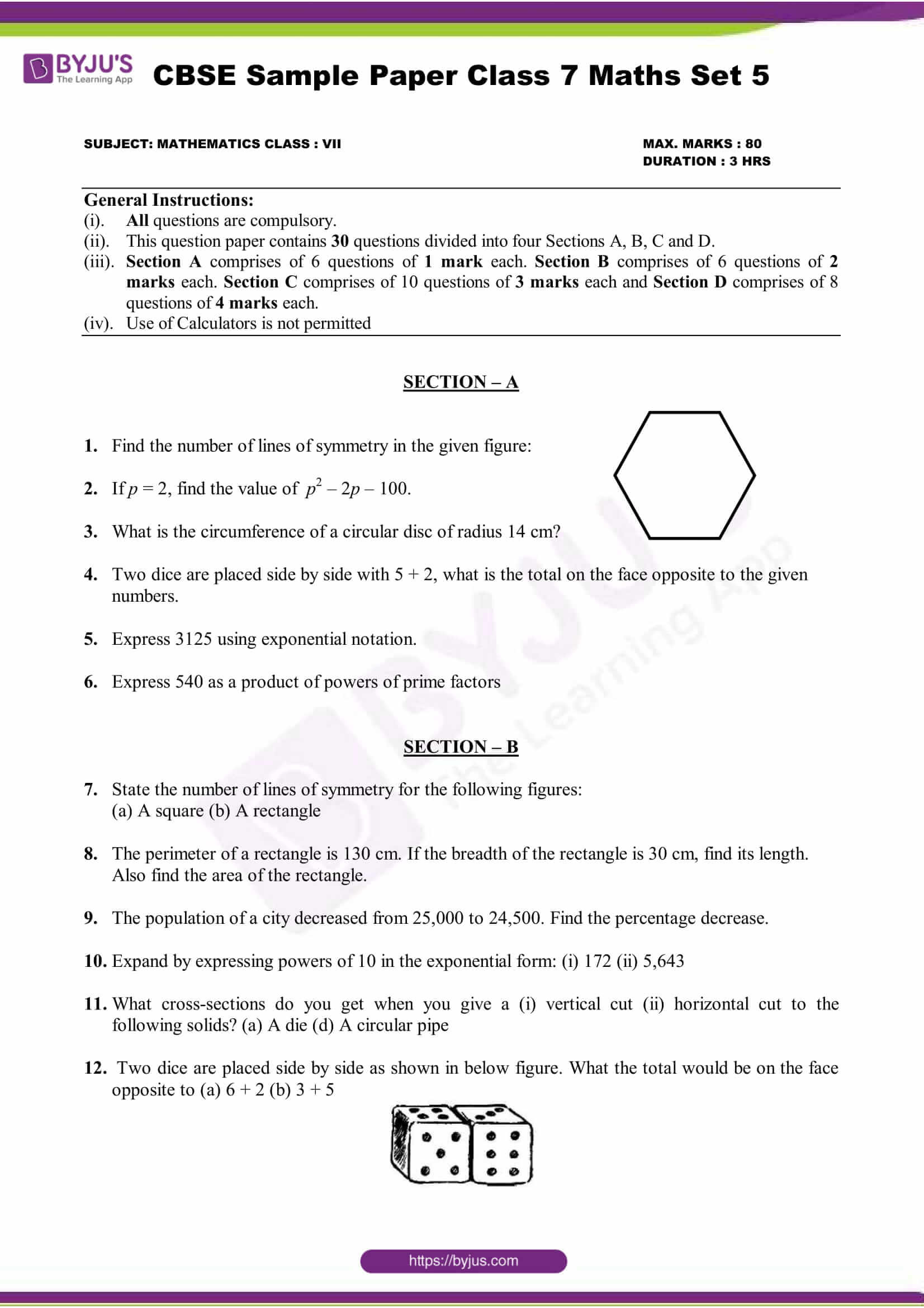 Cross Section Worksheet 7th Grade Cbse Maths Sample Paper Set Pdf 7th Grade Worksheets Basic