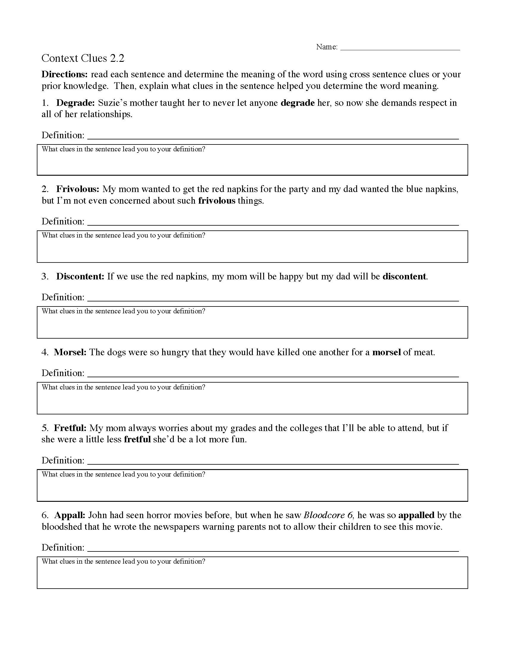 Cross Section Worksheet 7th Grade Context Clues Worksheets