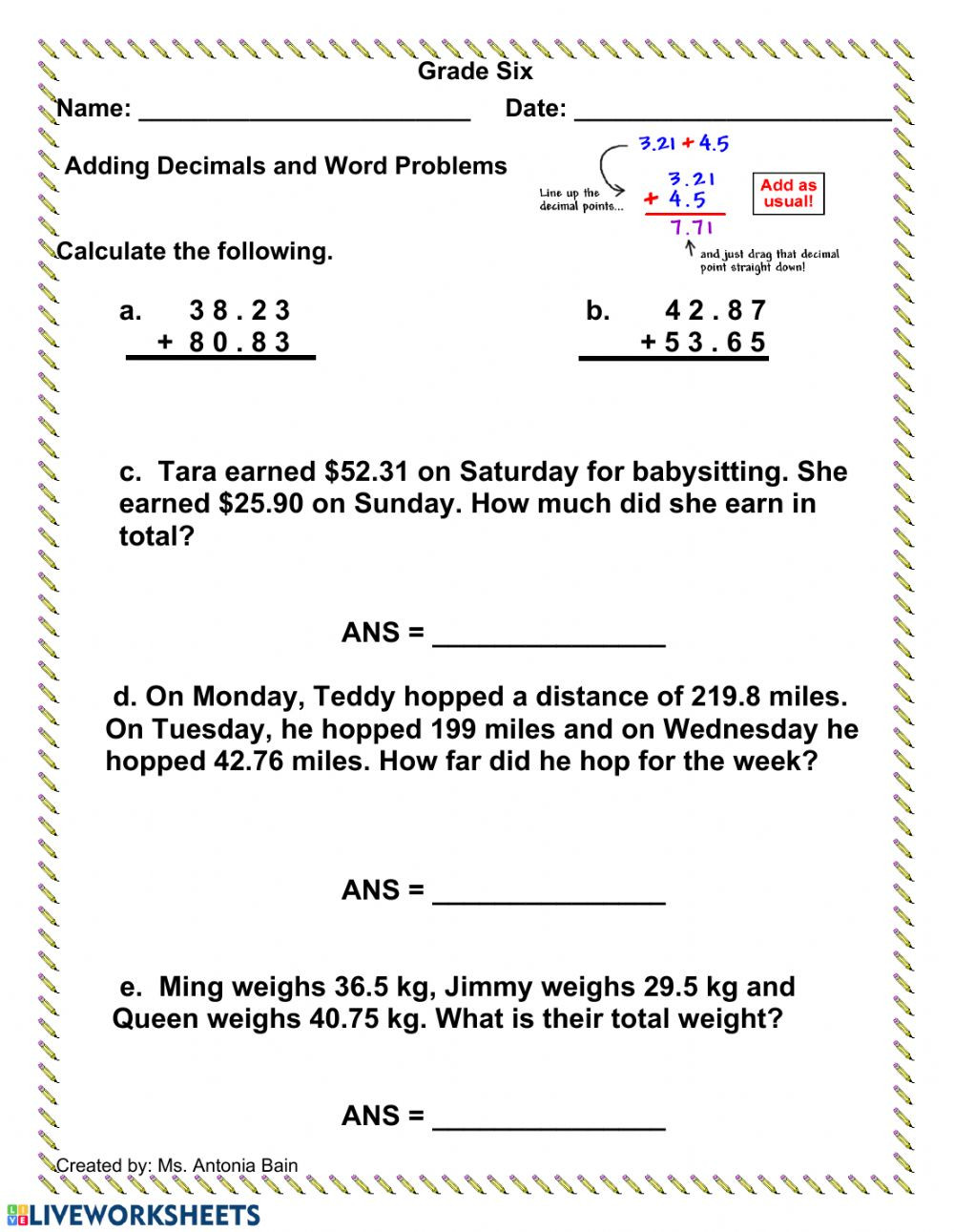 Decimal Word Problems Worksheet Adding Decimals with Word Problems Interactive Worksheet