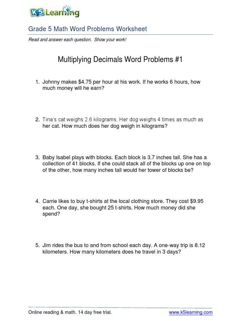 Decimal Word Problems Worksheet Multiplying Decimals Word Problems 1 Pdf