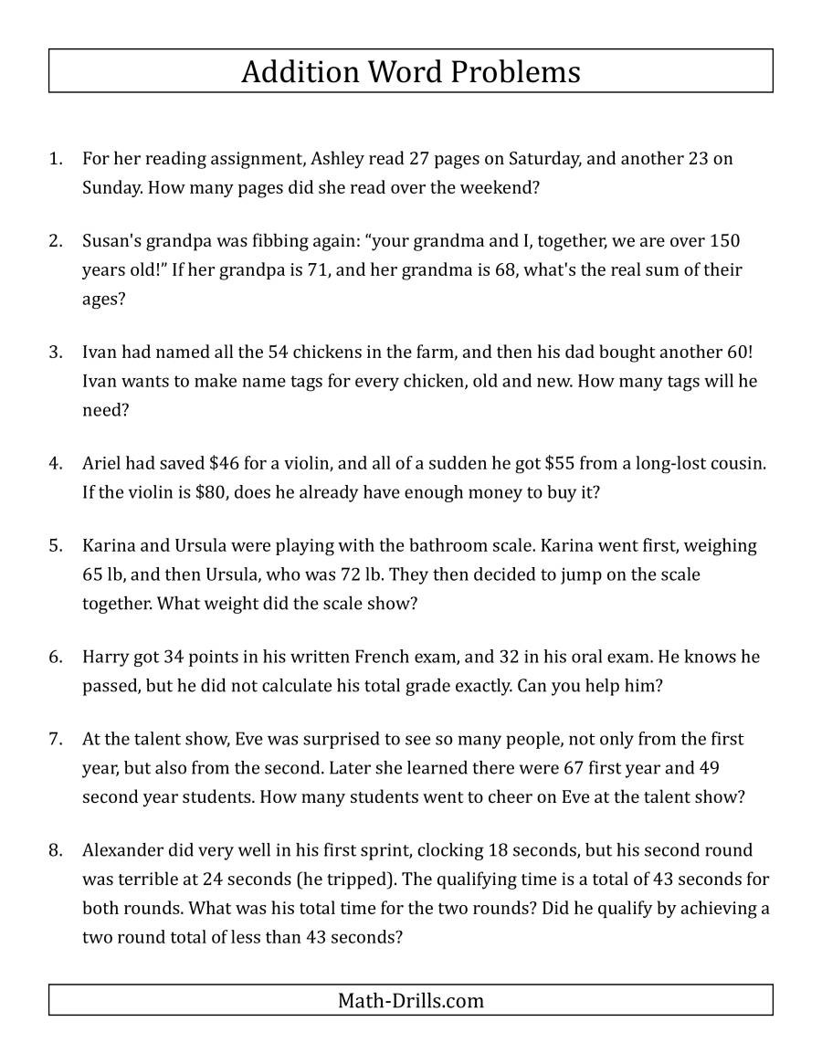 Decimal Word Problems Worksheet Single Step Addition Word Problems Using Two Digit Numbers A