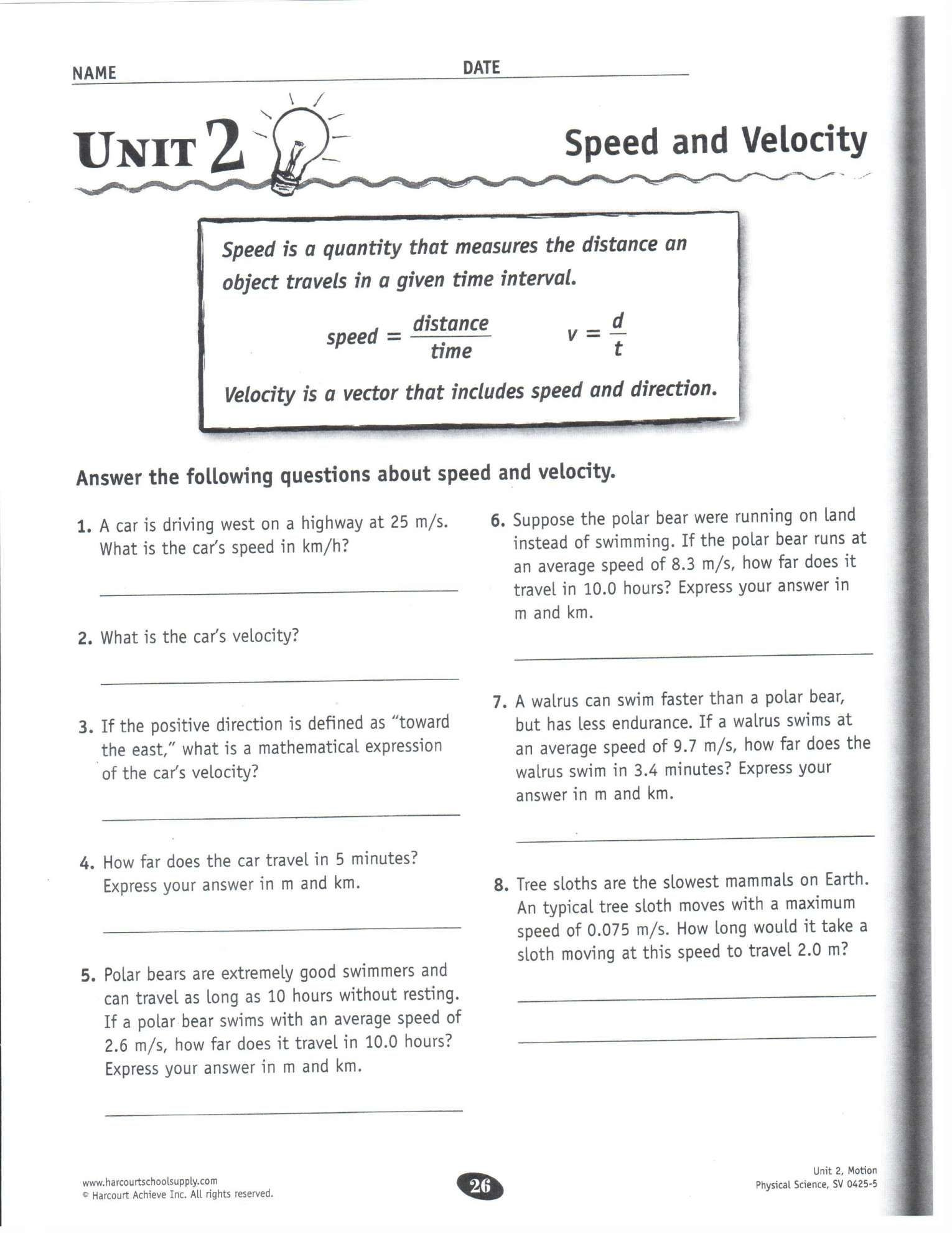 Determining Speed Velocity Worksheet Answers 7 Physical Science Velocity and Acceleration Worksheet