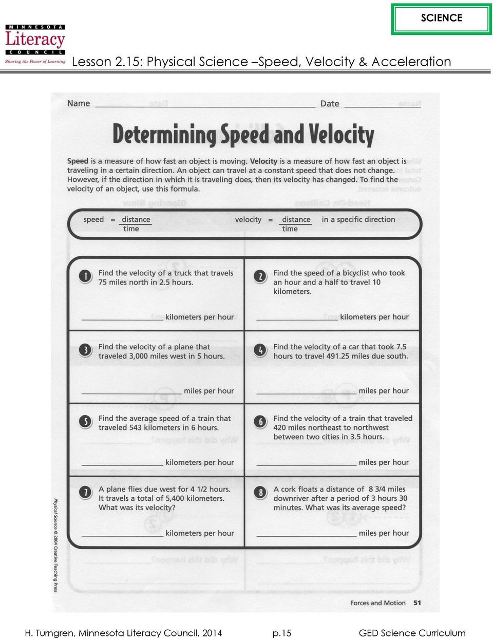 Determining Speed Velocity Worksheet Answers Lesson 2 15 Physical Science Speed Velocity &amp; Acceleration