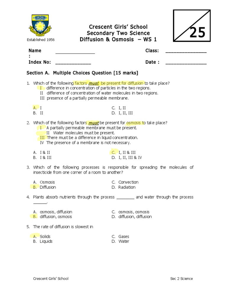 Diffusion and Osmosis Worksheet Answers Diffusion and Osmosis Worksheet Osmosis
