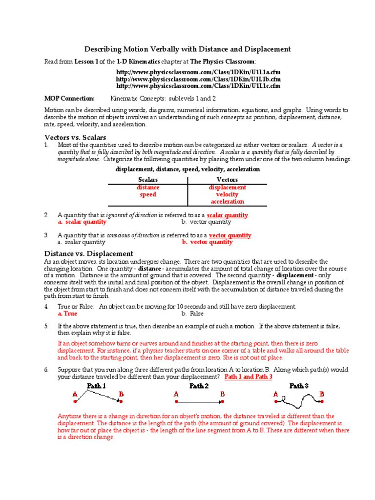 Distance and Displacement Worksheet Position Distance Displacement Worksheet Answers