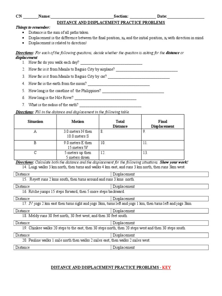 Distance and Displacement Worksheet Sci 3q 12 13 Distance and Displacement Worksheet