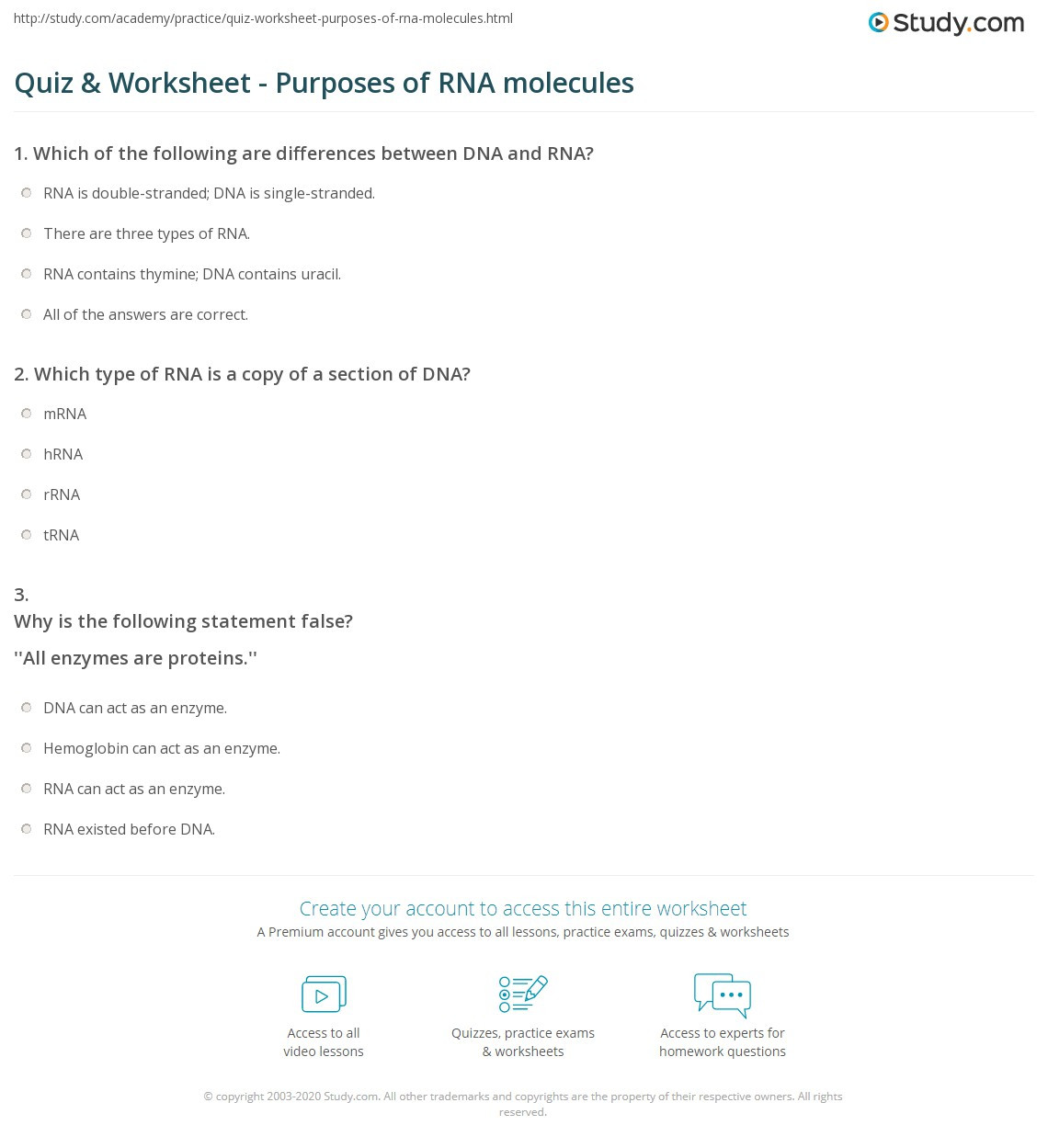 Dna and Rna Worksheet Quiz &amp; Worksheet Purposes Of Rna Molecules