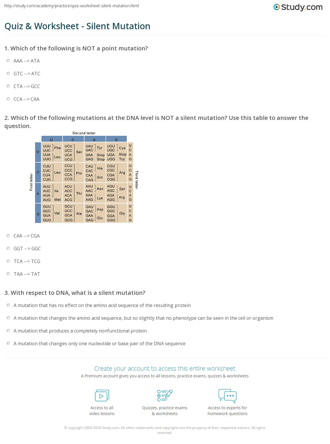 Dna Mutation Practice Worksheet Answers Quiz &amp; Worksheet Silent Mutation