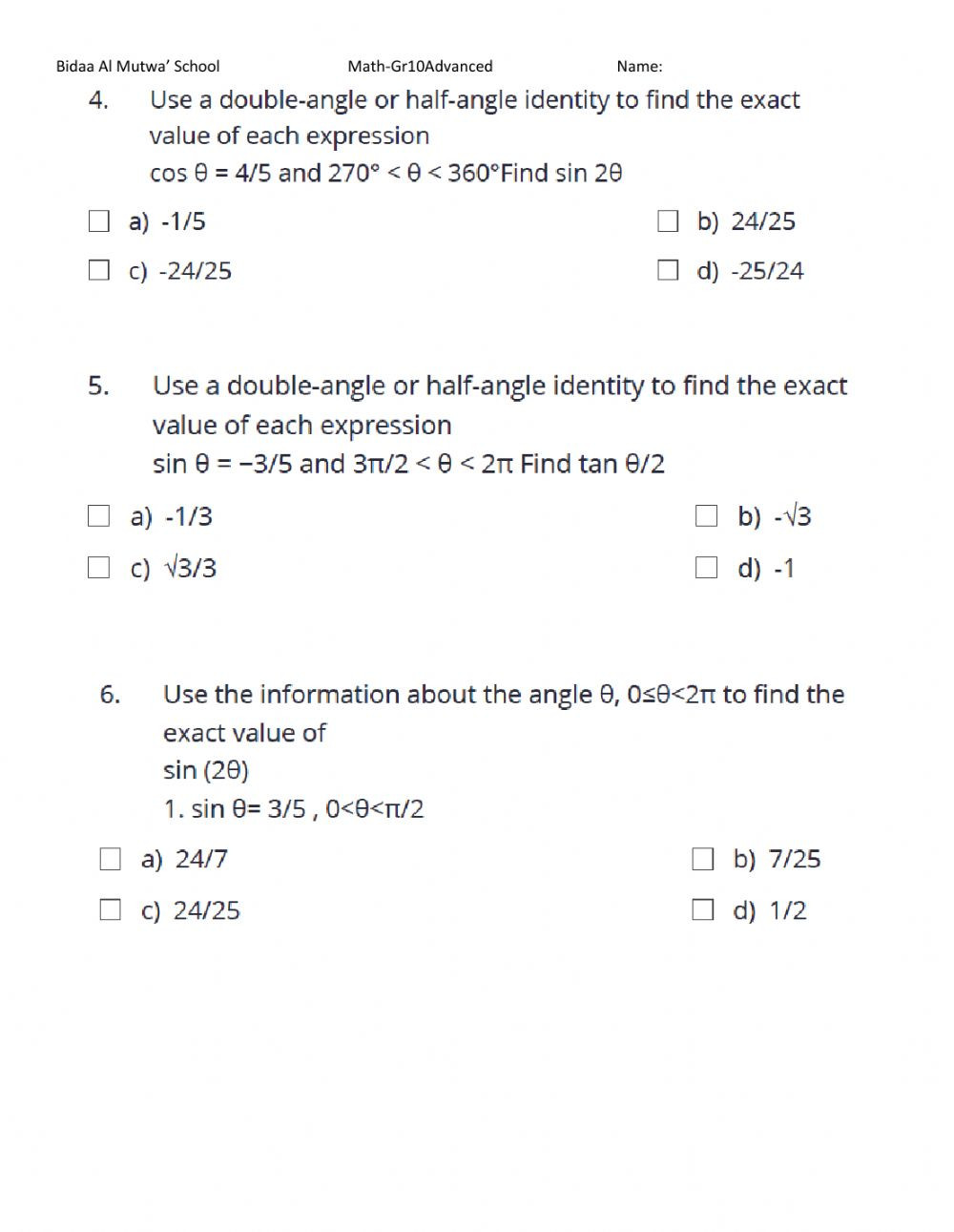 Double Angle Identities Worksheet Double Angle and Half Angle Identities Interactive Worksheet