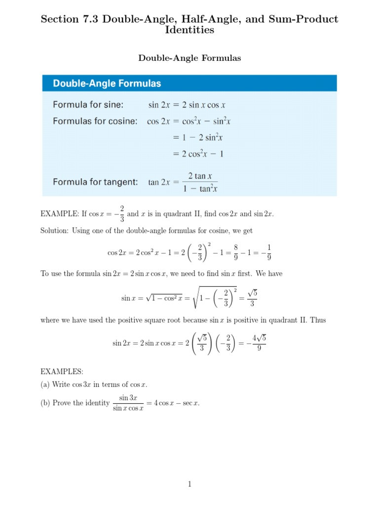 Double Angle Identities Worksheet Double Angle Half Angle and Sum Product Identities