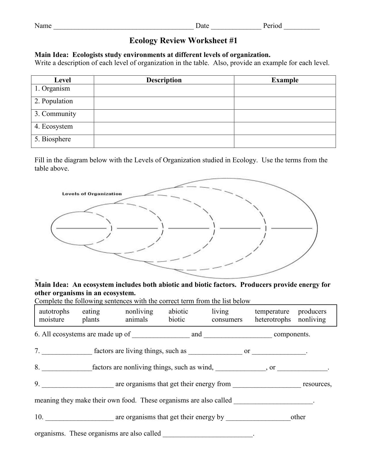 Ecology Review Worksheet 1 Avoiding Trouble Worksheets