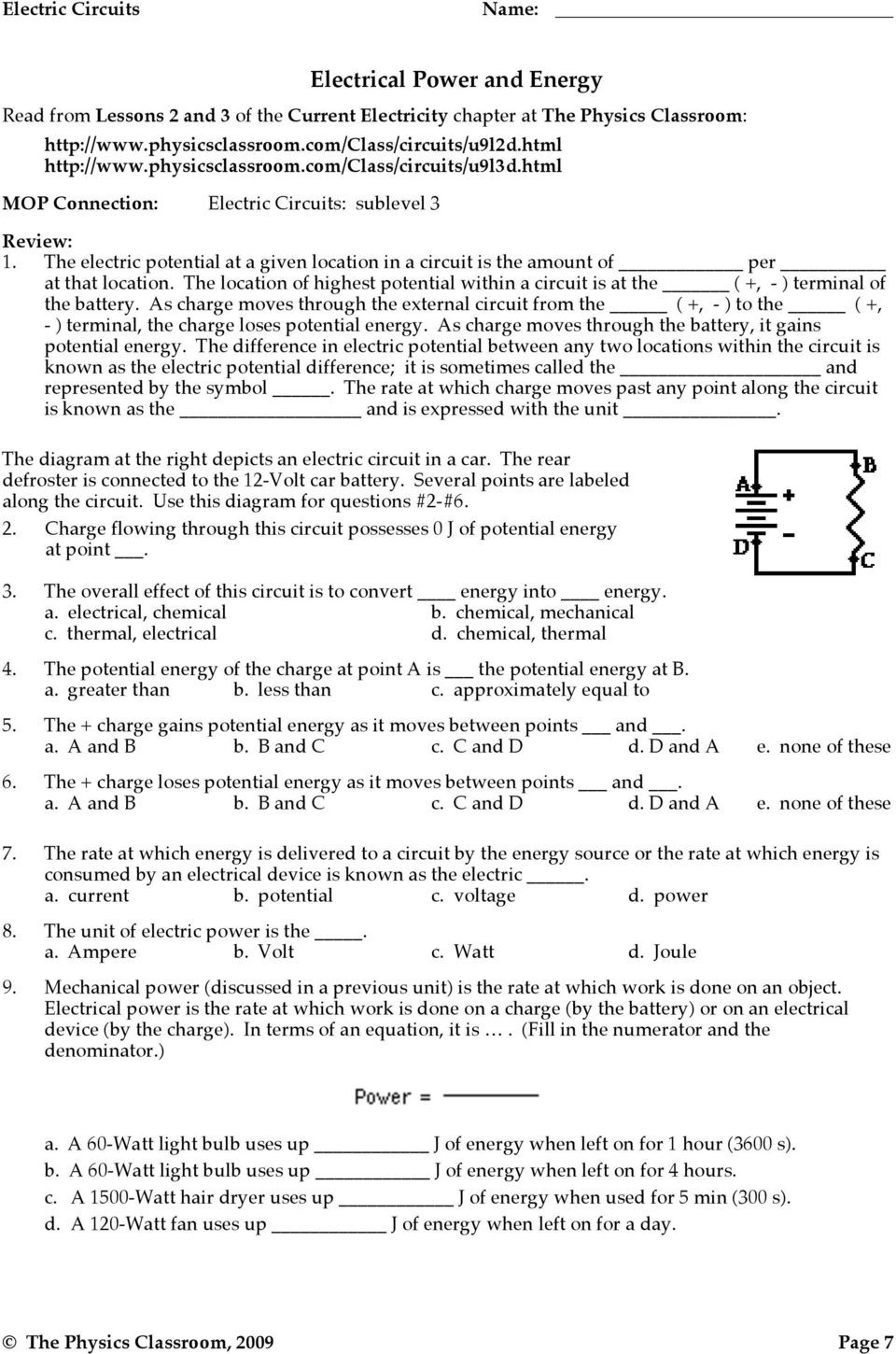 Electrical Power Worksheet Answers Electrical Power and Energy Worksheet Answers Energy Etfs