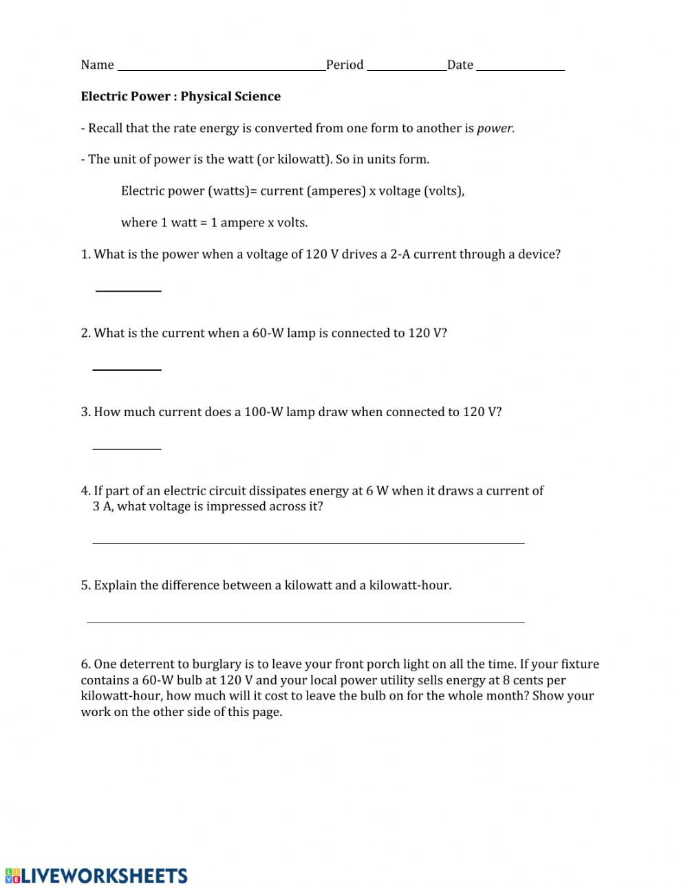 Electrical Power Worksheet Answers Physics Electric Power Interactive Worksheet