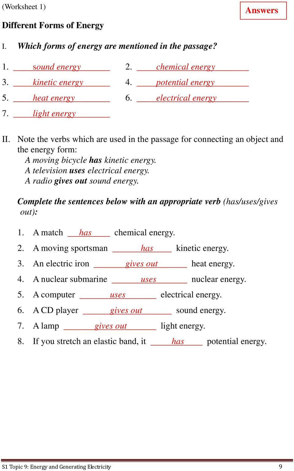 Electrical Power Worksheet Answers S1 topic 9 Energy and Generating Electricity Level S1