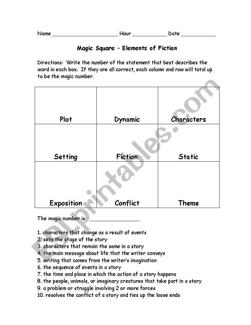 Elements Of Fiction Worksheet English Worksheets Elements Of Fiction Magic Square