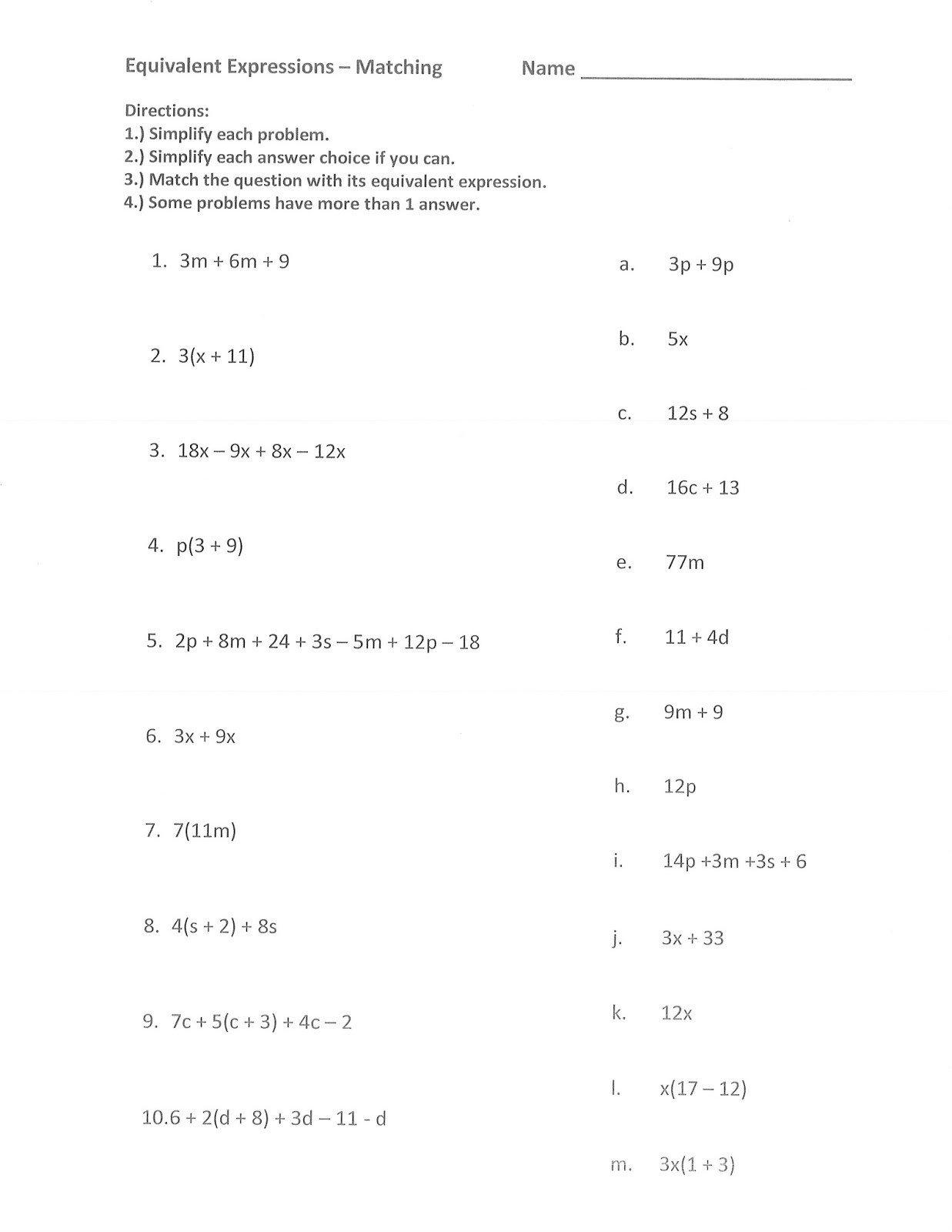 Equivalent Expressions Worksheet 6th Grade Equivalent Expressions Worksheet Rupsucks Printables Worksheets