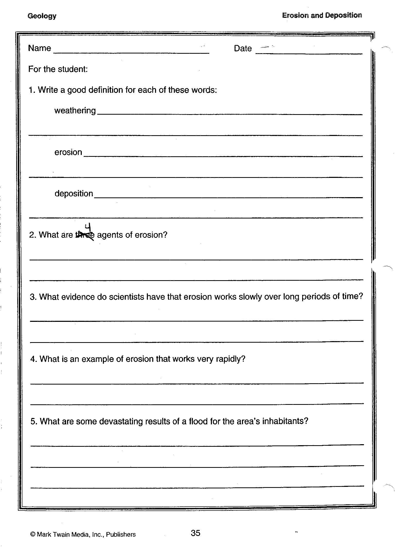 Erosion and Deposition Worksheet Erosion and Deposition Definitions 001 15362128
