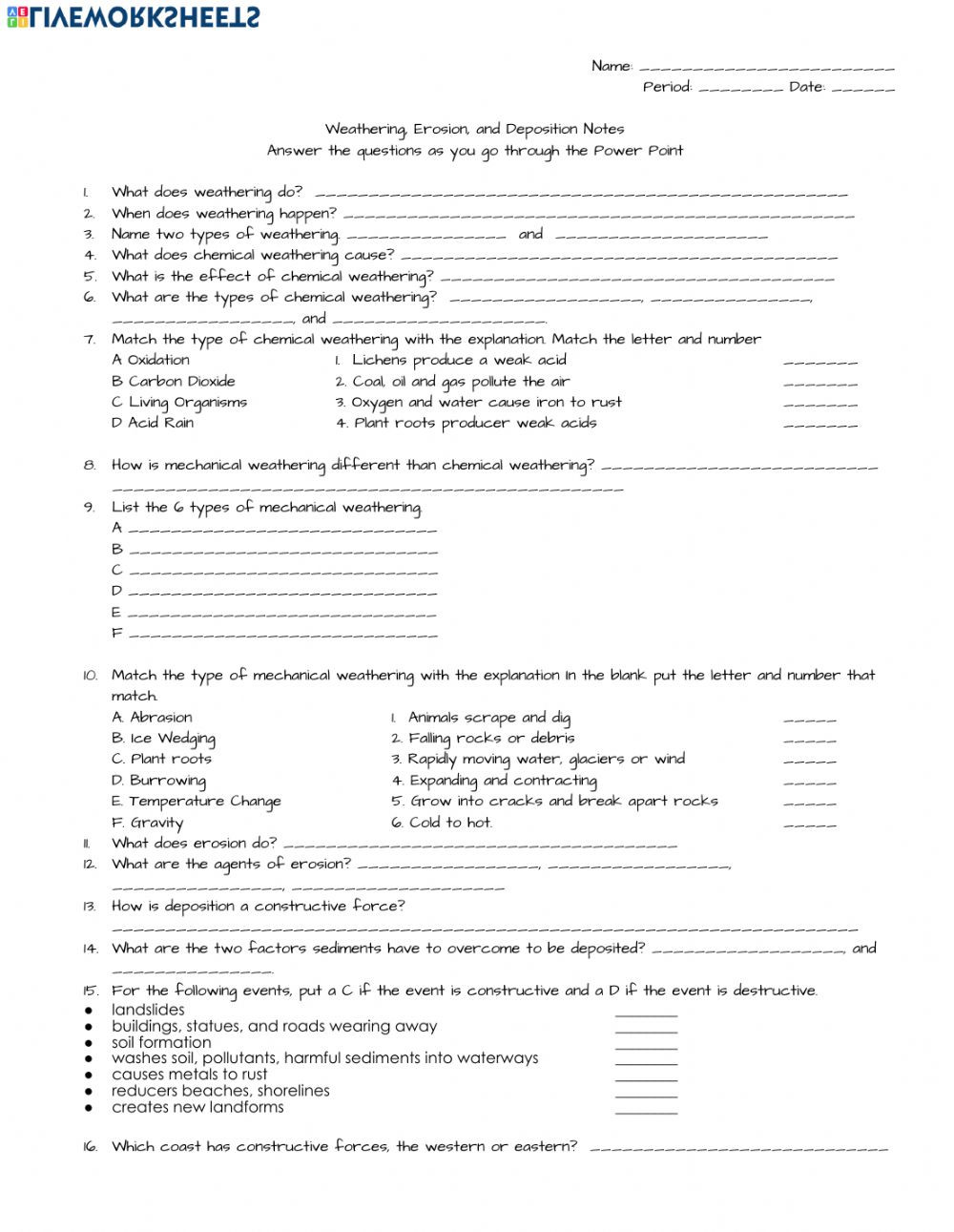 Erosion and Deposition Worksheet Weathering Erosion and Deposition Note Guide Interactive