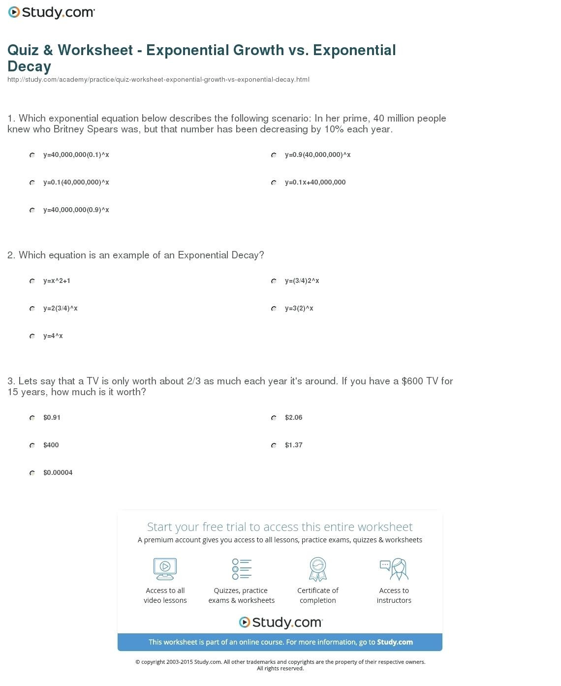 Exponential Function Word Problems Worksheet Modeling Exponential Growth and Decay Worksheet