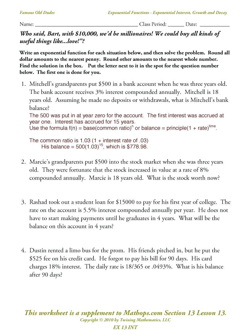 Exponential Functions Worksheet Answers Exponential Functions Growth and Decay Worksheet Worksheet