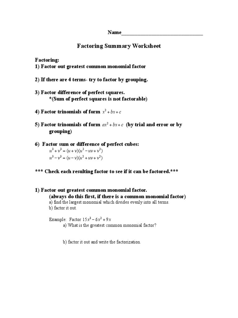Factoring Ax2 Bx C Worksheet 7 0 Factoring Summary Worksheetc Factorization