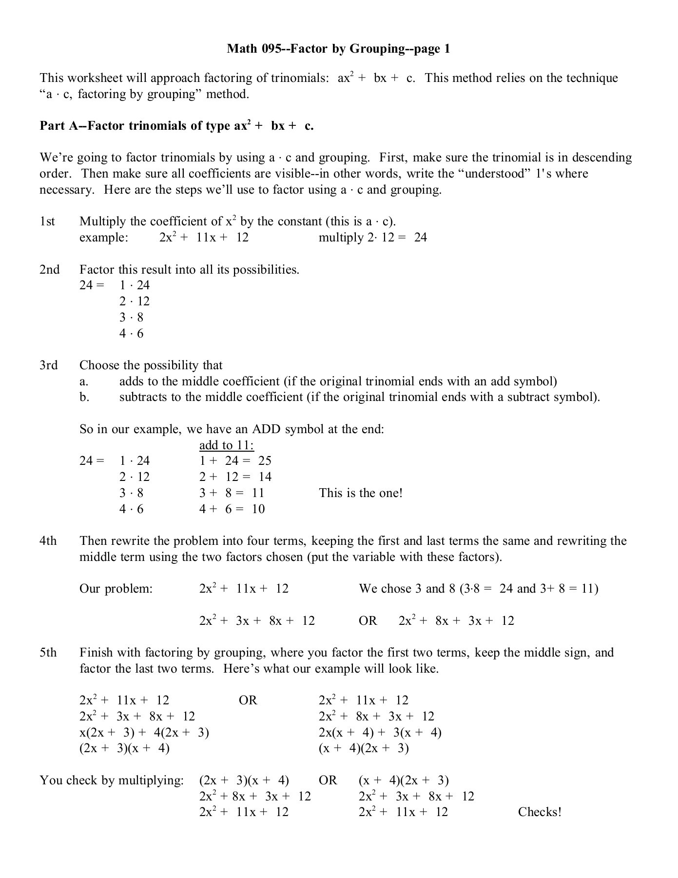 Factoring Ax2 Bx C Worksheet 7 5 Math 095 Factor by Grouping Page 1 Csn Pages 1