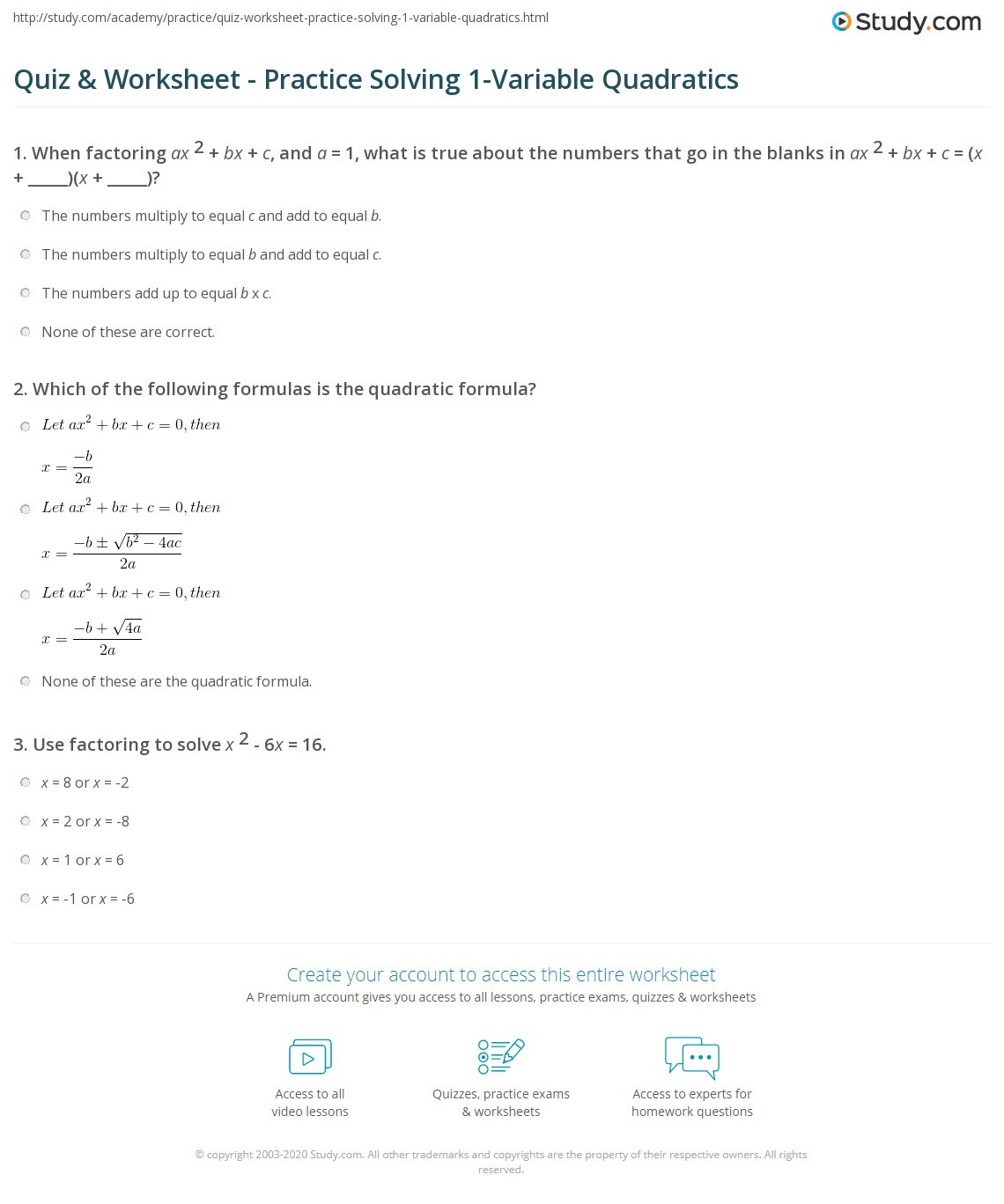 Factoring Ax2 Bx C Worksheet Quiz &amp; Worksheet Practice solving 1 Variable Quadratics