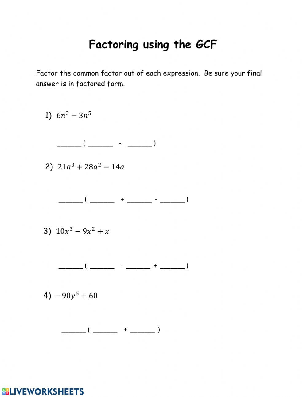 Factoring Polynomials by Grouping Worksheet Factoring Using Gcf Live Ws Interactive Worksheet