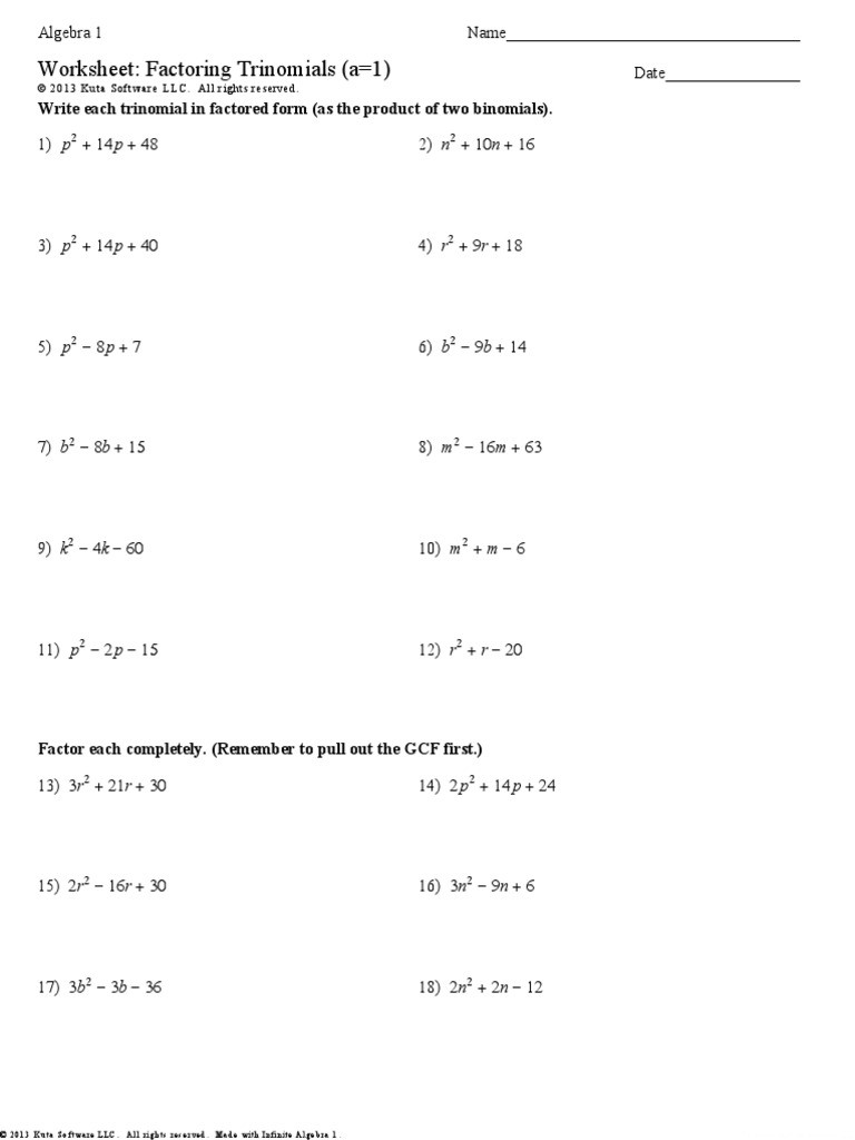 Factoring Trinomials Worksheet Algebra 2 Worksheet Factoring Trinomials A1