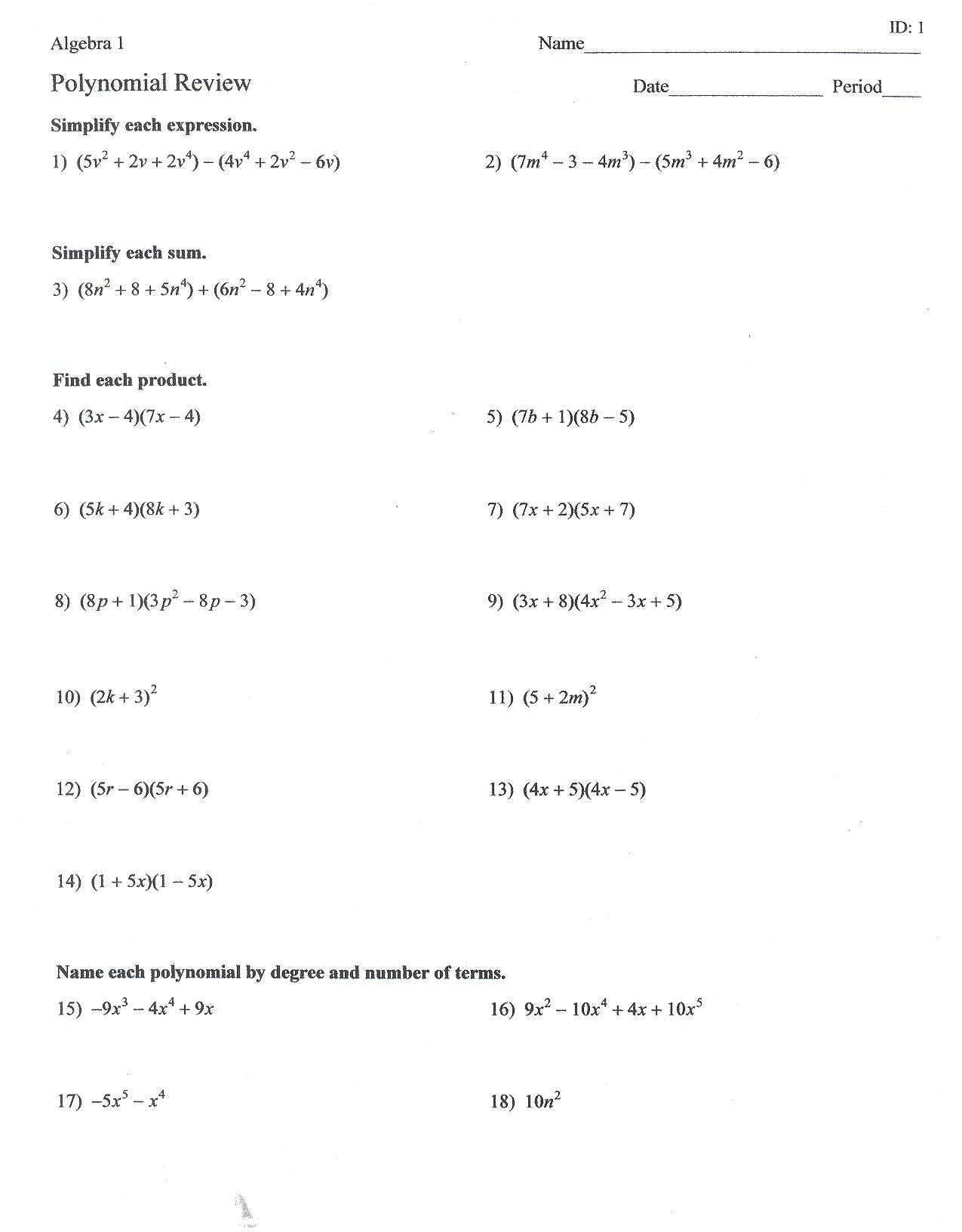 Factoring Worksheet Algebra 1 Algebra 2 Factoring Review Worksheet Answers