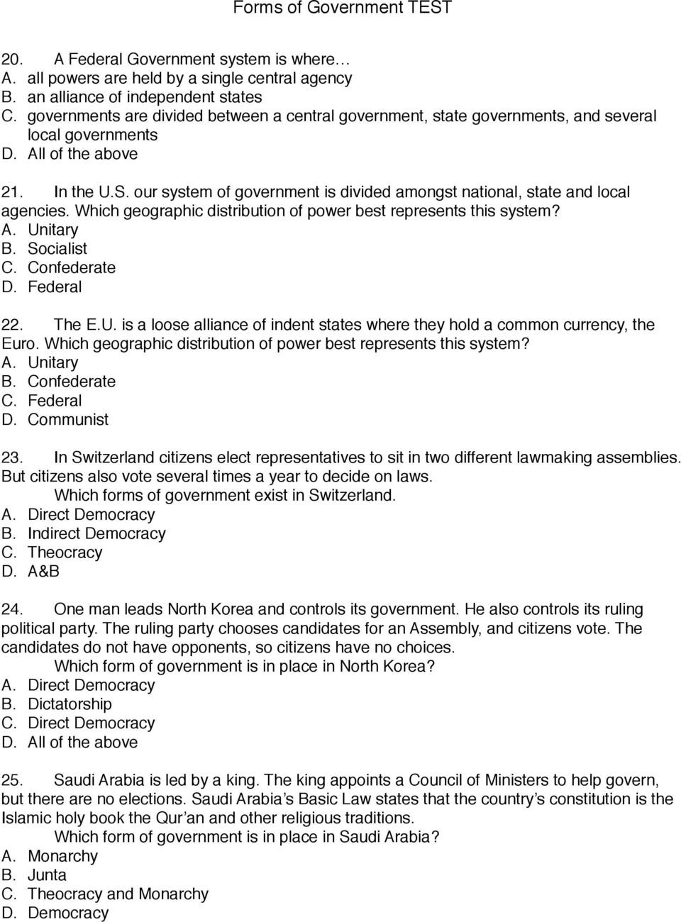 Forms Of Government Worksheet forms Of Government Test Pdf Free Download