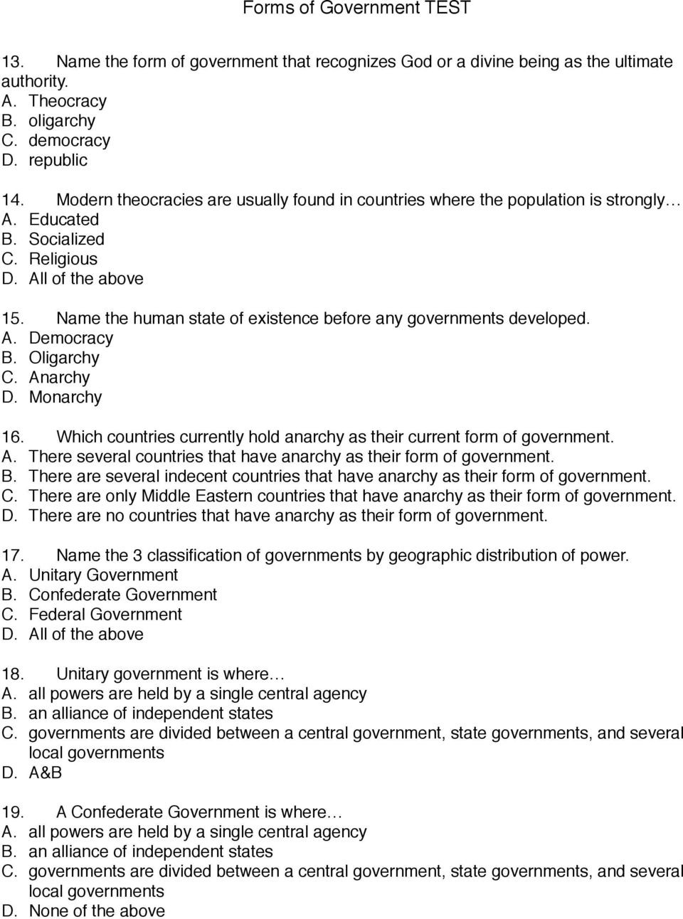 Forms Of Government Worksheet forms Of Government Test Pdf Free Download