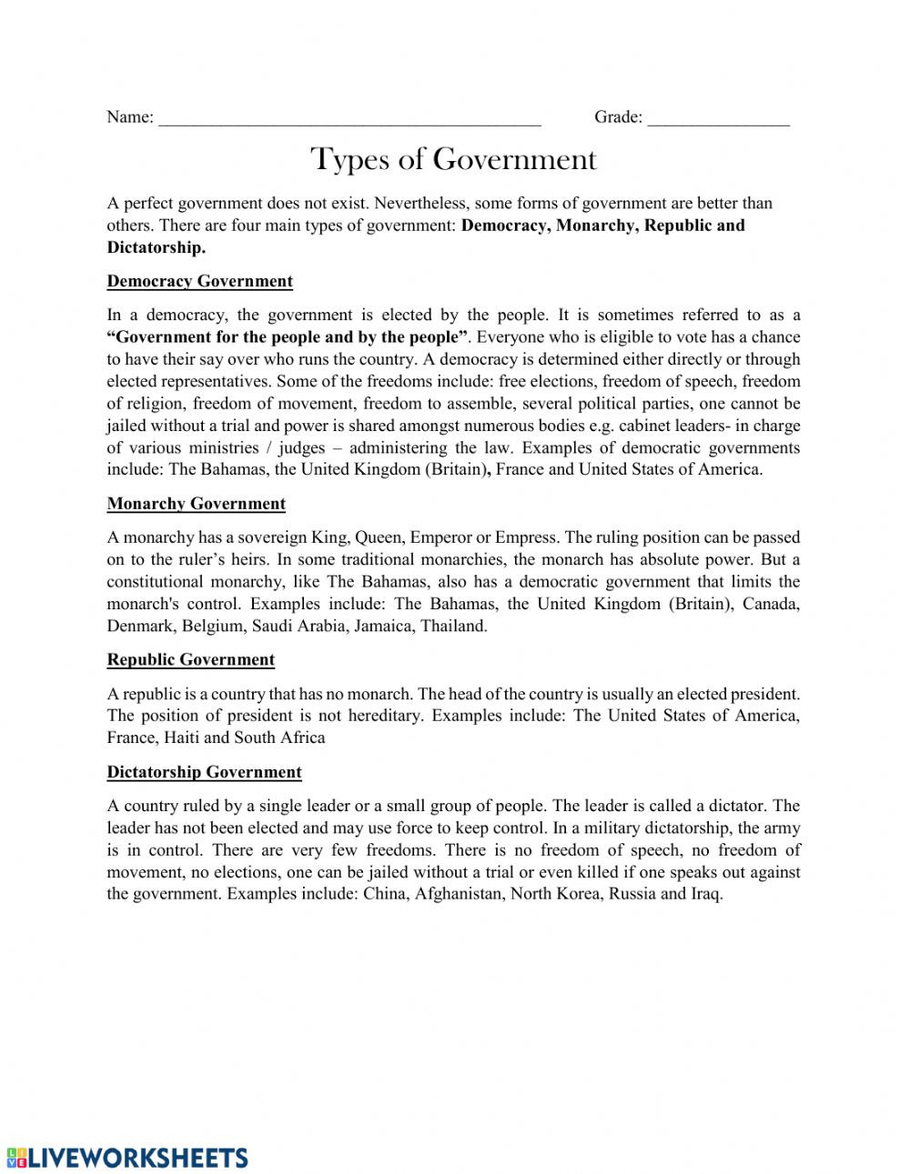 Forms Of Government Worksheet Types Of Government Interactive Worksheet