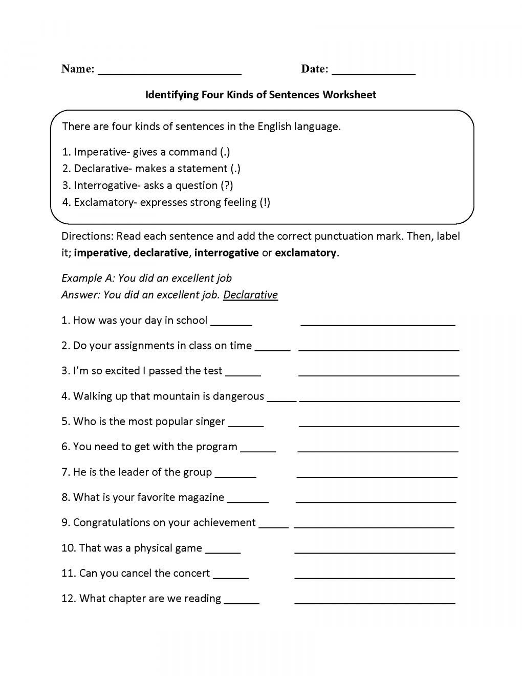 Four Types Of Sentences Worksheet 10 4 Types Sentences Worksheet Grade 2